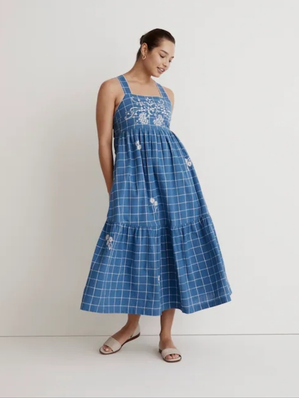 Madewell Blue Checked Maxi Dress with White Floral Embroidery